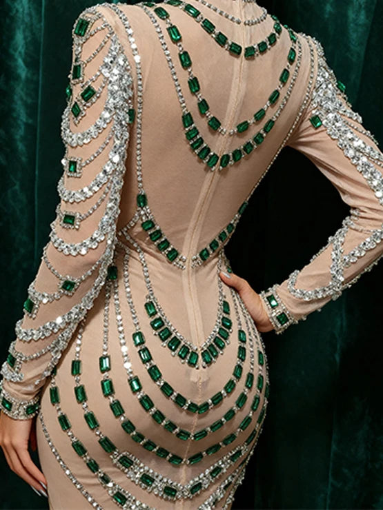 Sparkly Rhinestone, Sequin & Pearl Sheer Illusion Performance Dress Stage Costume