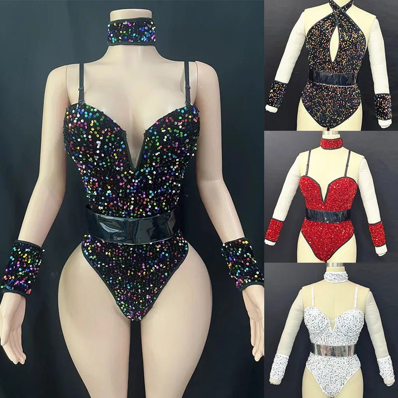 Sequined Rhinestone Bodysuit & Gogo Dance Performance Outfit