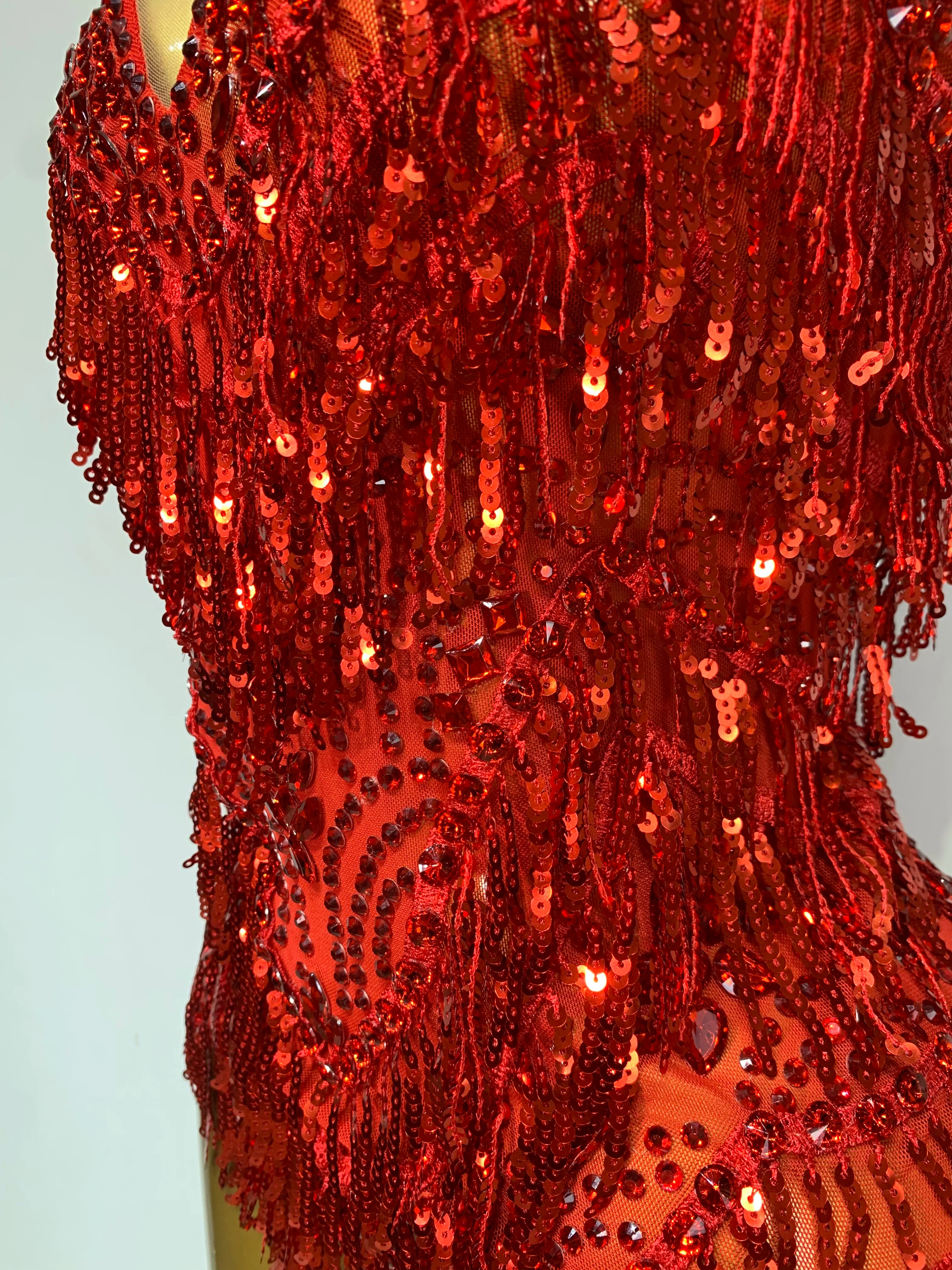 Sparkly Rhinestone Tassel Backless Mesh Bodysuit Luxury Stage Performance Costume