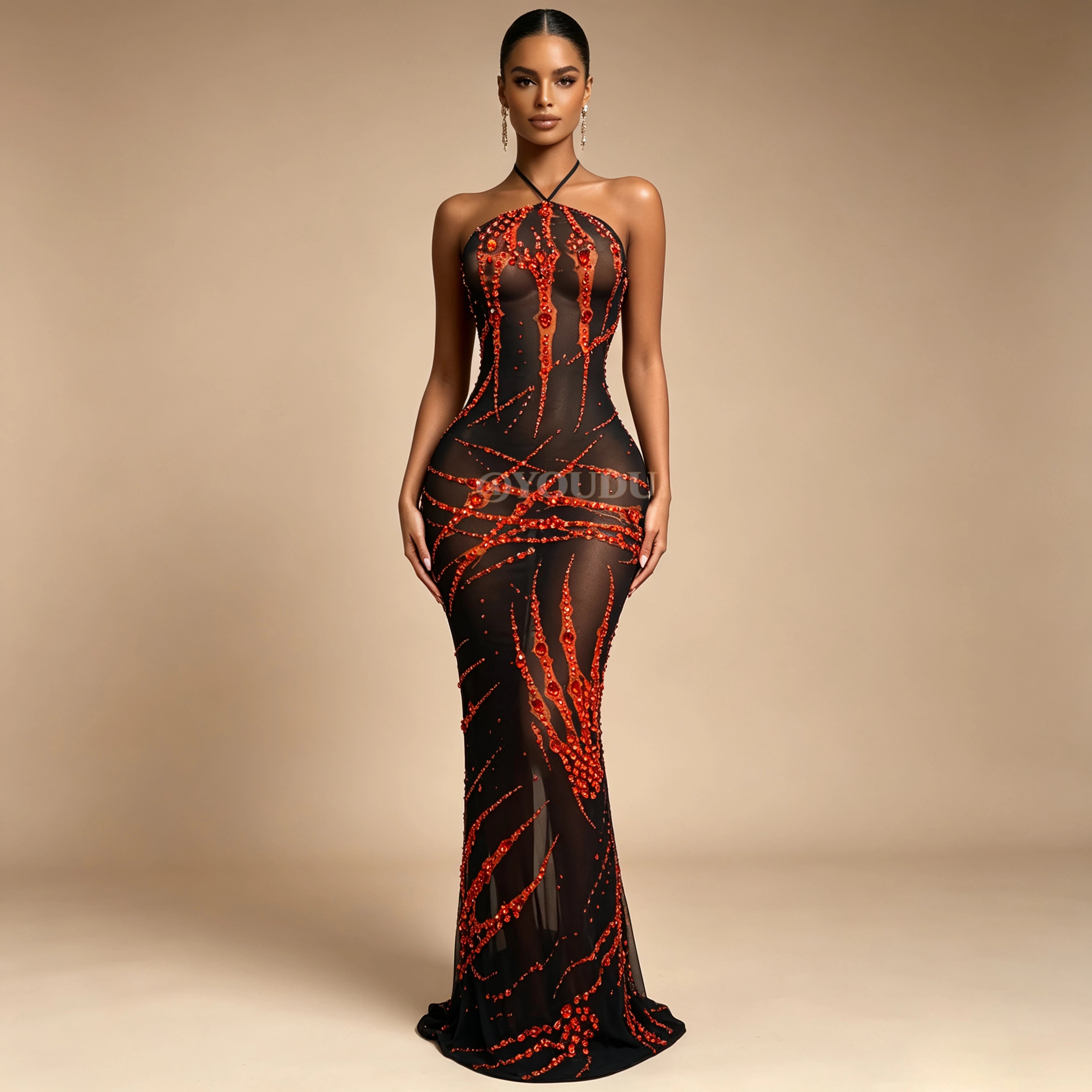 Crimson & Black Graphic Rhinestone Halter Maxi Gown Backless Illusion Evening Dress