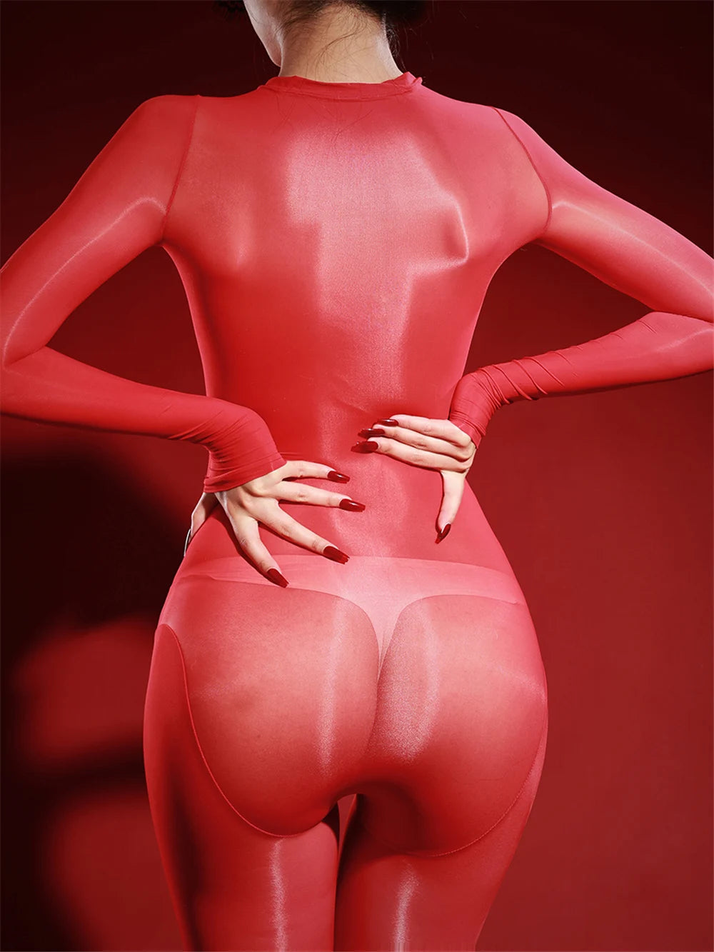 Oil Glossy High-Stretch Sheer Full-Length Bodysuit Thong Catsuit Jumpsuit