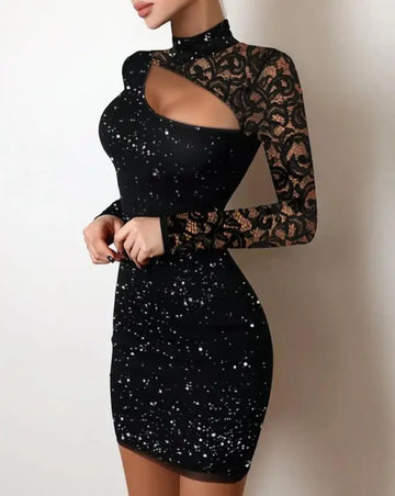 Glitter Lace Cutout Long Sleeve Bodycon Mini Dress