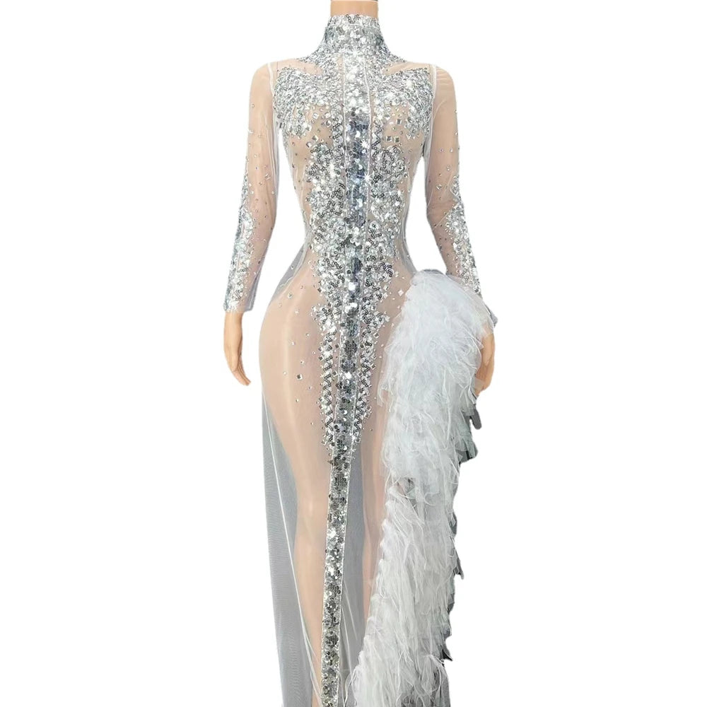 Sparkly Silver Sequin Long Sleeve Mesh Evening Dress High Split Stage Birthday Gown