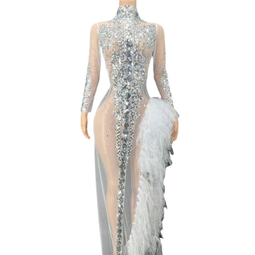 Sparkly Silver Sequin Long Sleeve Mesh Evening Dress High Split Stage Birthday Gown