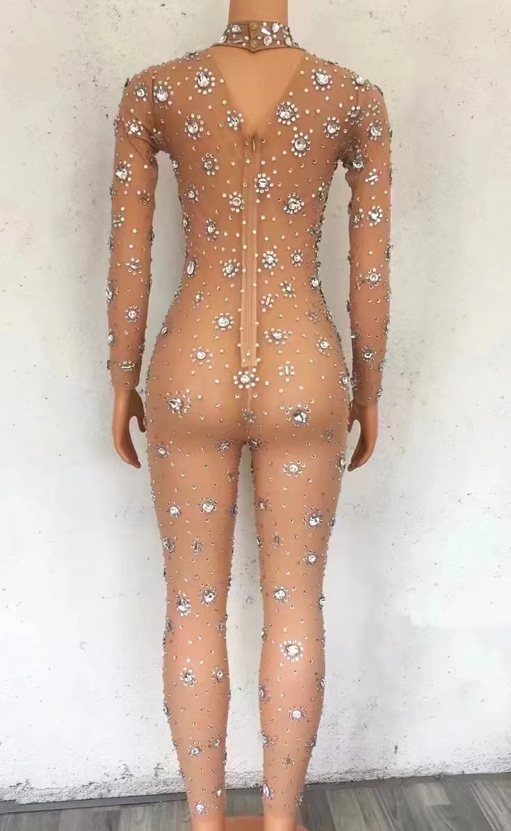 Sparkling Full Crystal Illusion Jumpsuit Long Sleeve Rhinestone Catsuit Stage Wear