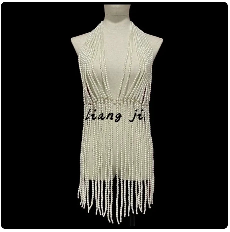 Pearl-Look Tassel Halter Bra Body Chain