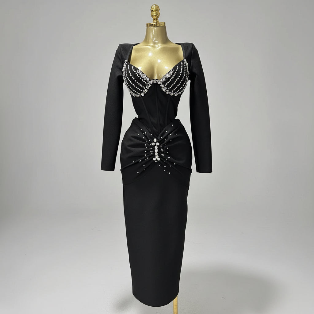 Elegant Square Neck Crystal Embroidered Bandage Ankle-Length Evening Gown