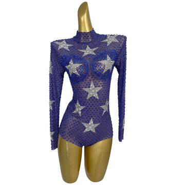 Women Blue Silver Star Pattern Rhinestone Mesh Long Sleeve Bodysuit Stage Performance Costume