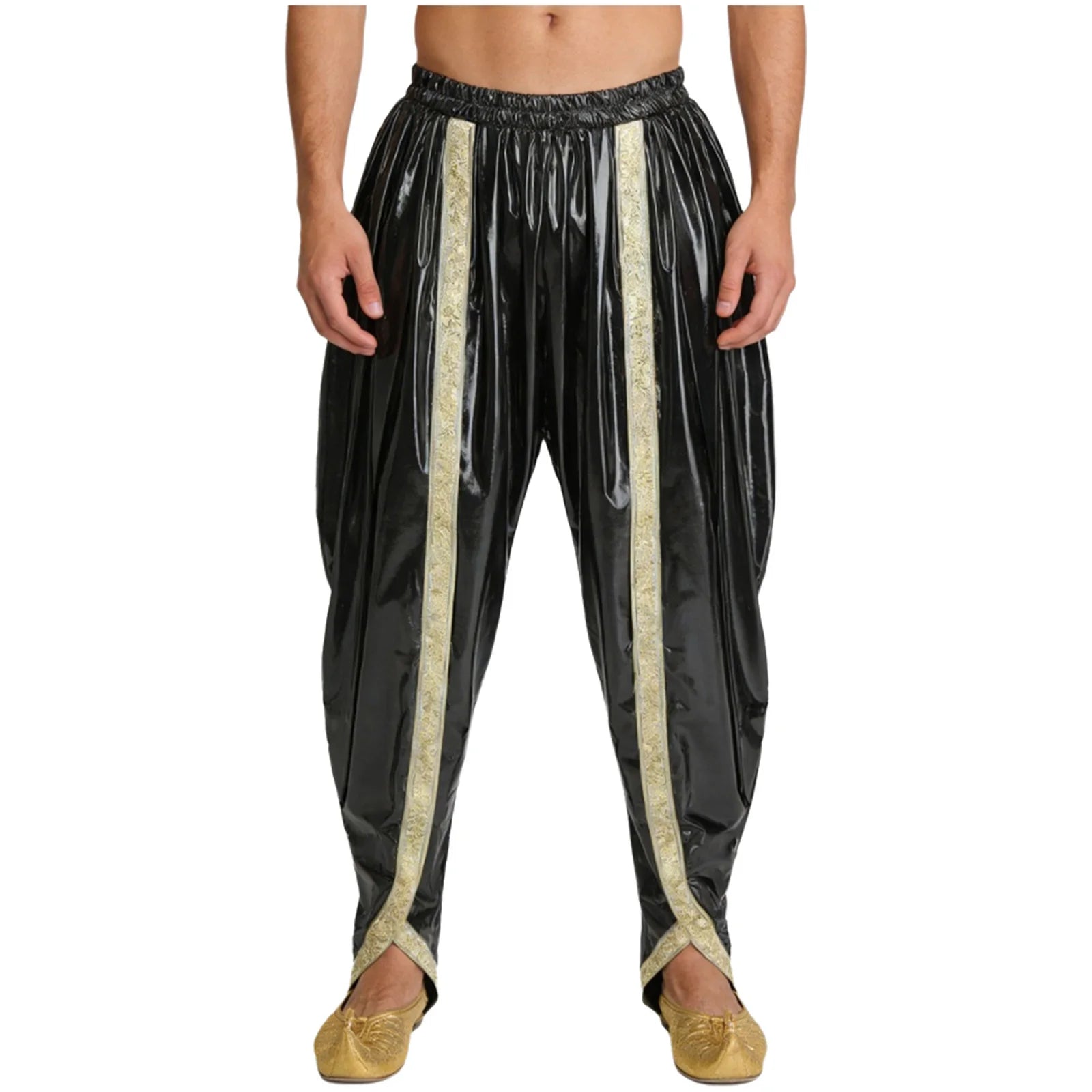 Men's Metallic Shiny Harem Dhoti Pants Gold Brocade Trim Prince Cosplay Costume