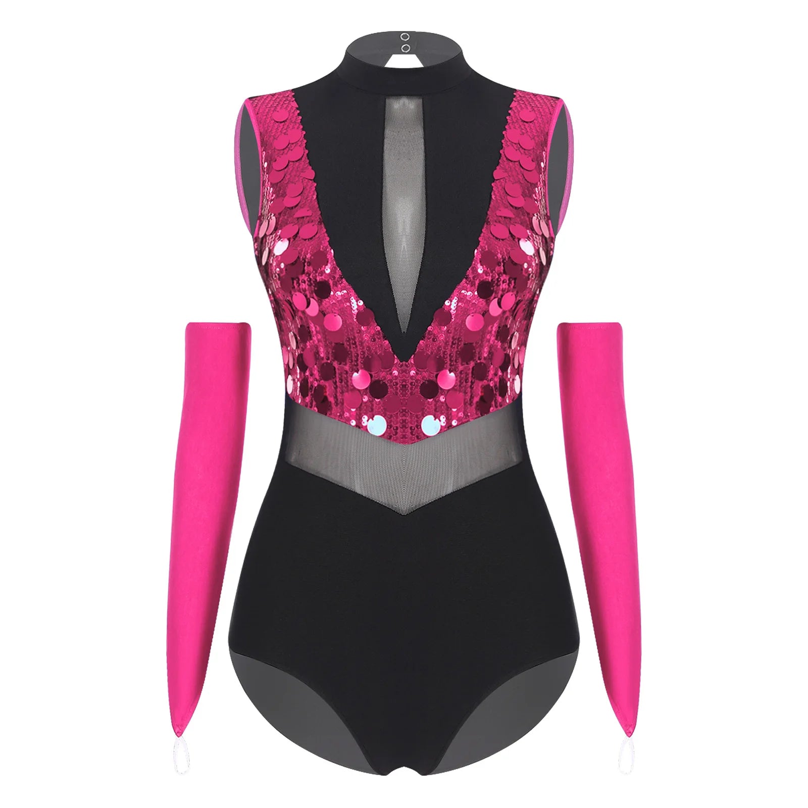 Sparkly Sequin Mock Neck Dance Leotard & Gloves Two-Piece Bodysuit Set