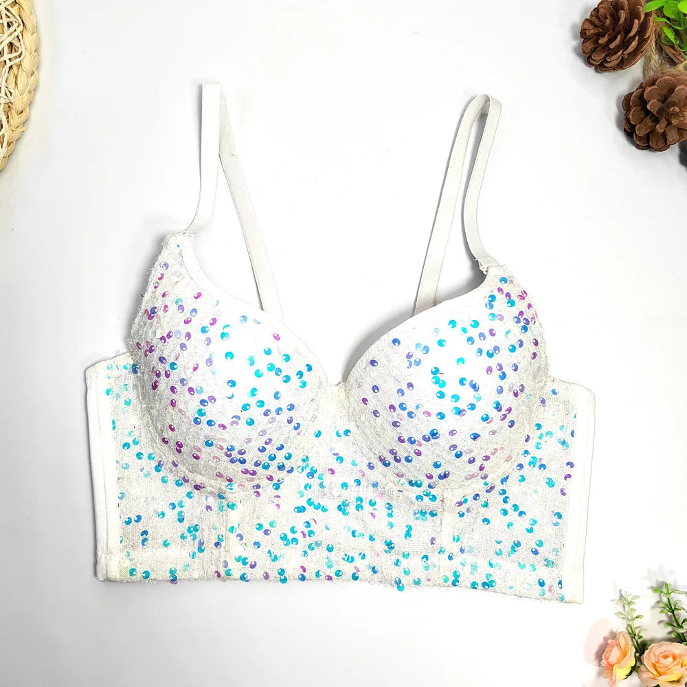 Sequined Glitter Bustier Crop Top & Beaded Stage Camisole