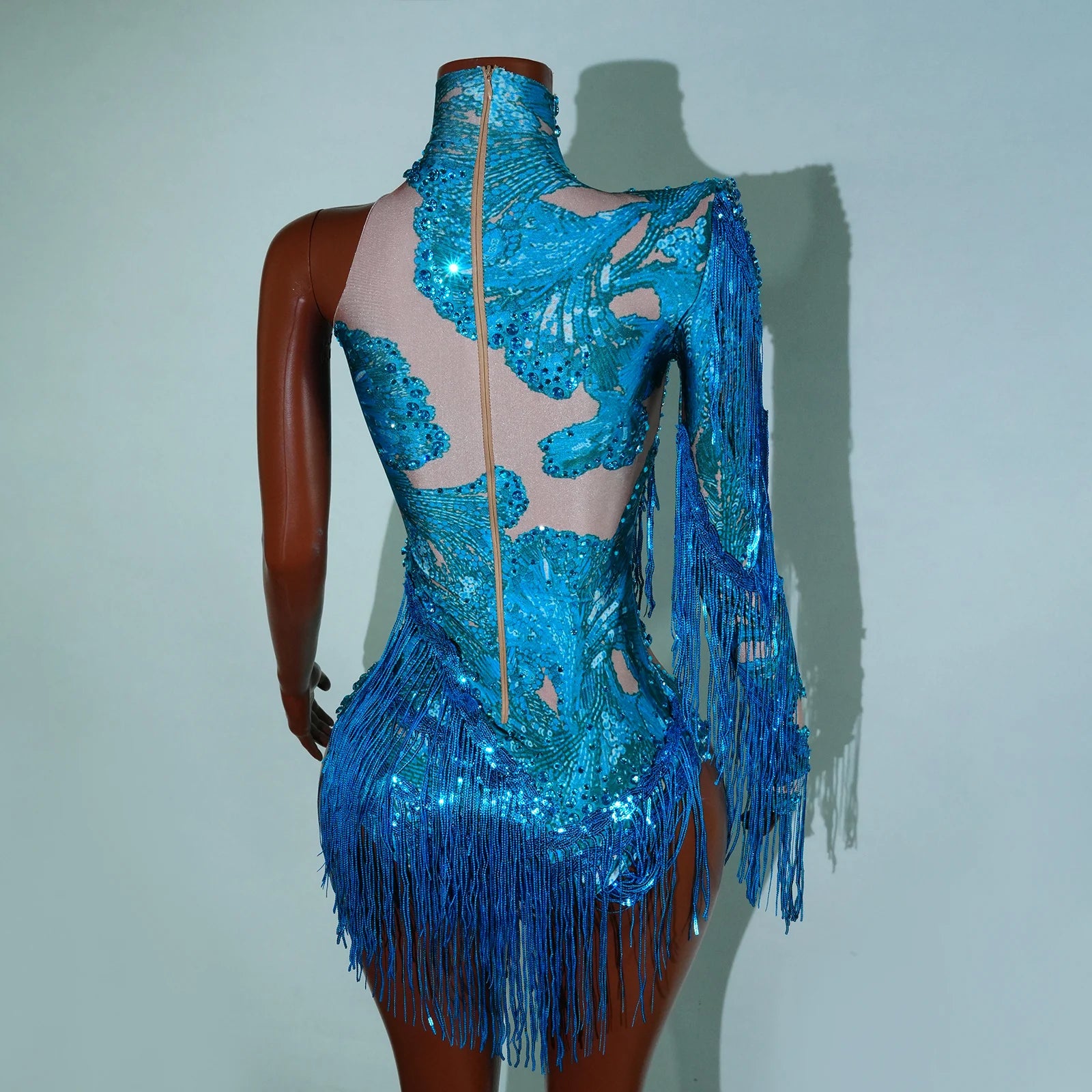 Leopard Sequin Fringe Asymmetrical Bodysuit One-Sleeve Stage Performance Costume