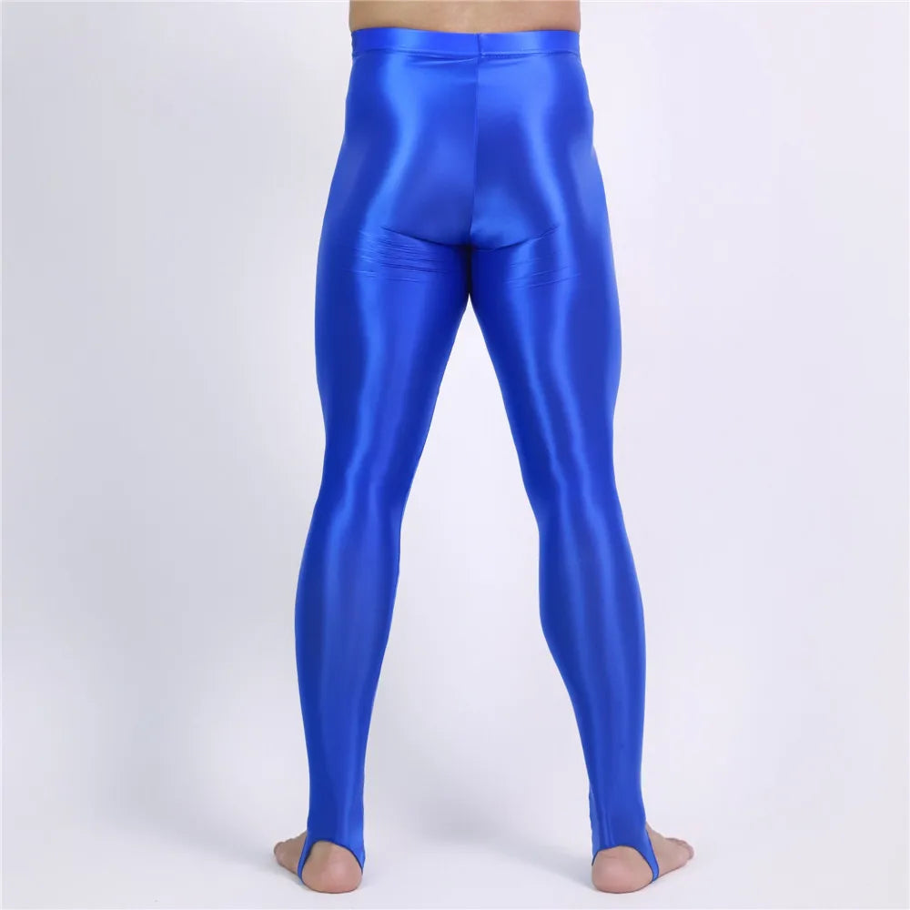 Men's Slim Tights Pencil Pants Stain Smooth  Oil Glossy Shiny Elastic Yoga Leggings Sheer See Through Full Pants Plus Size