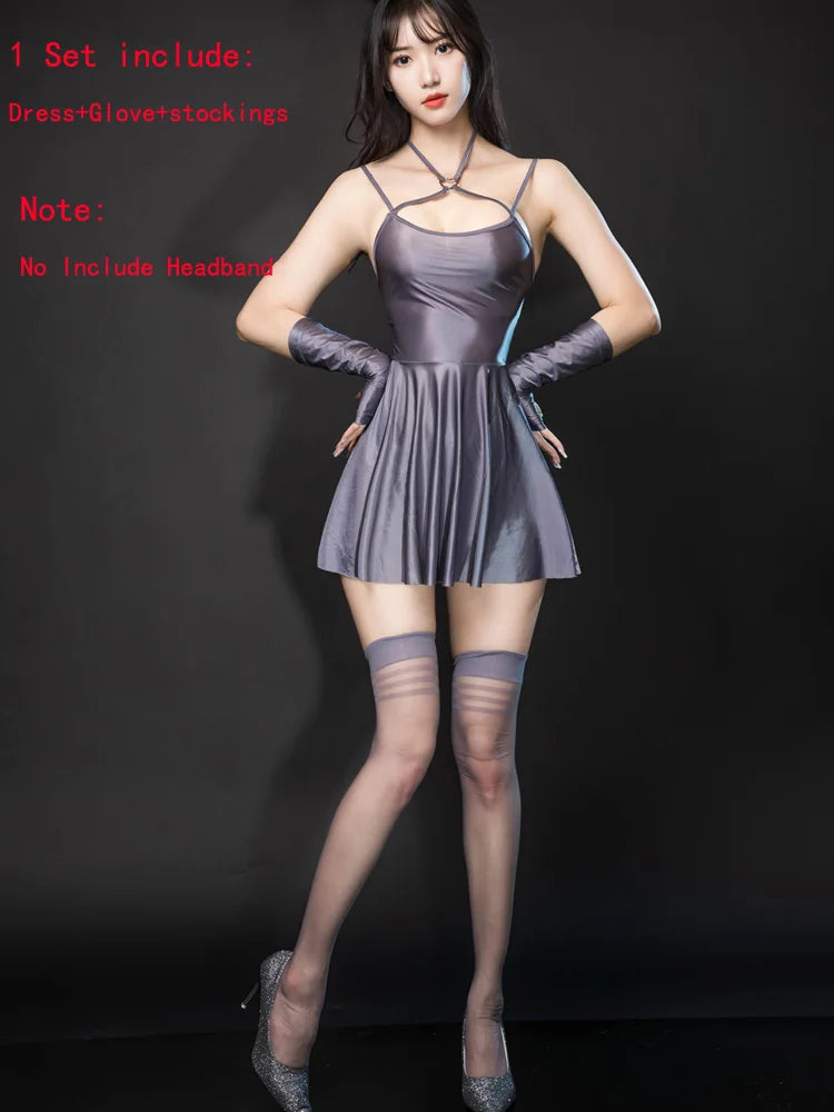 Sexy Backless Satin Smooth Oil Glossy Pleated Micro MINI Dress Bandage Sleeveless Tight Uniform Maid Ruffled Dress Stage Wear