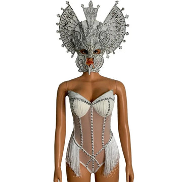 Rhinestone Fringe Bodysuit & Headpiece Set – Sparkly Rave Outfit, Gogo Dancer & Jazz Dance Costume for Women