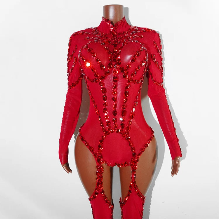 Rhinestone Mesh Jumpsuit Costume Set