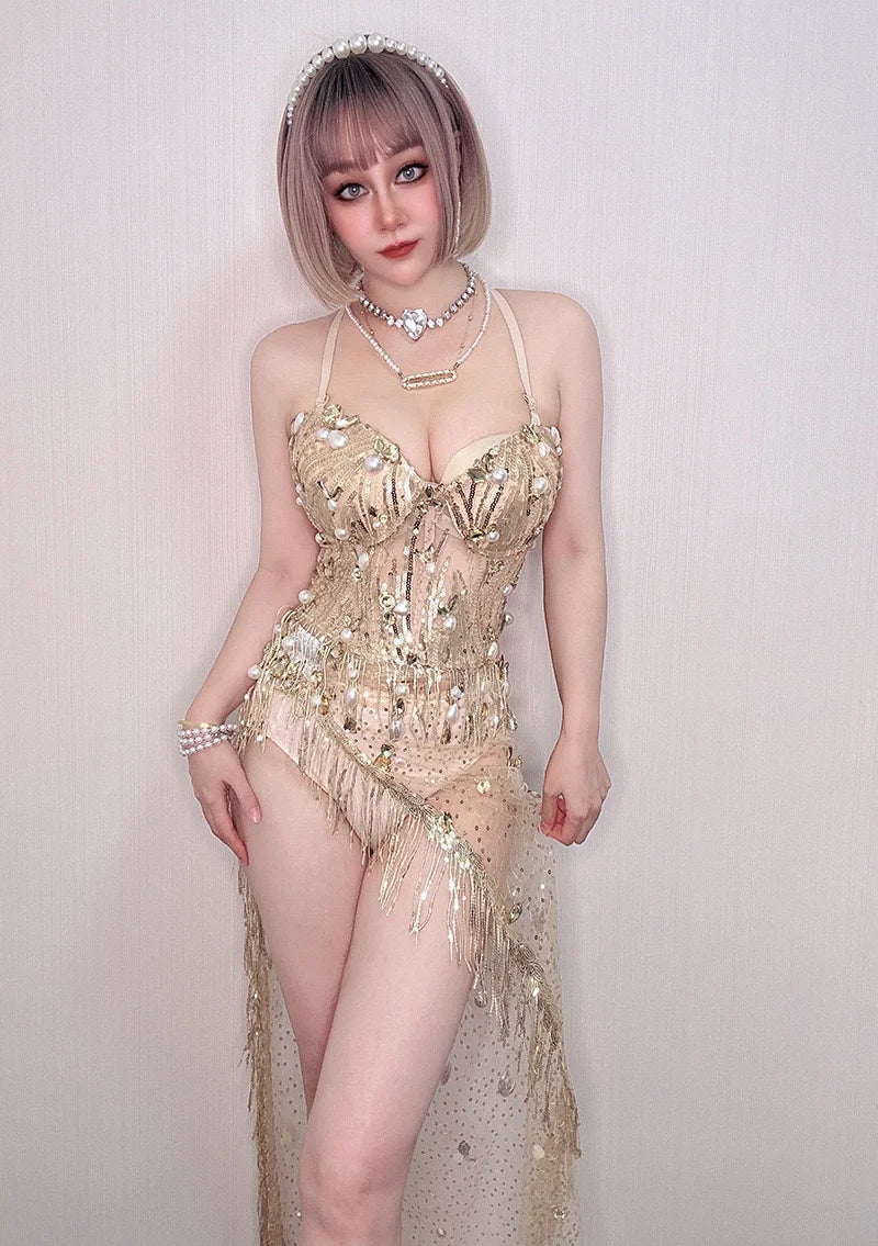 Gold Tassel Showgirl Performance Bodysuit