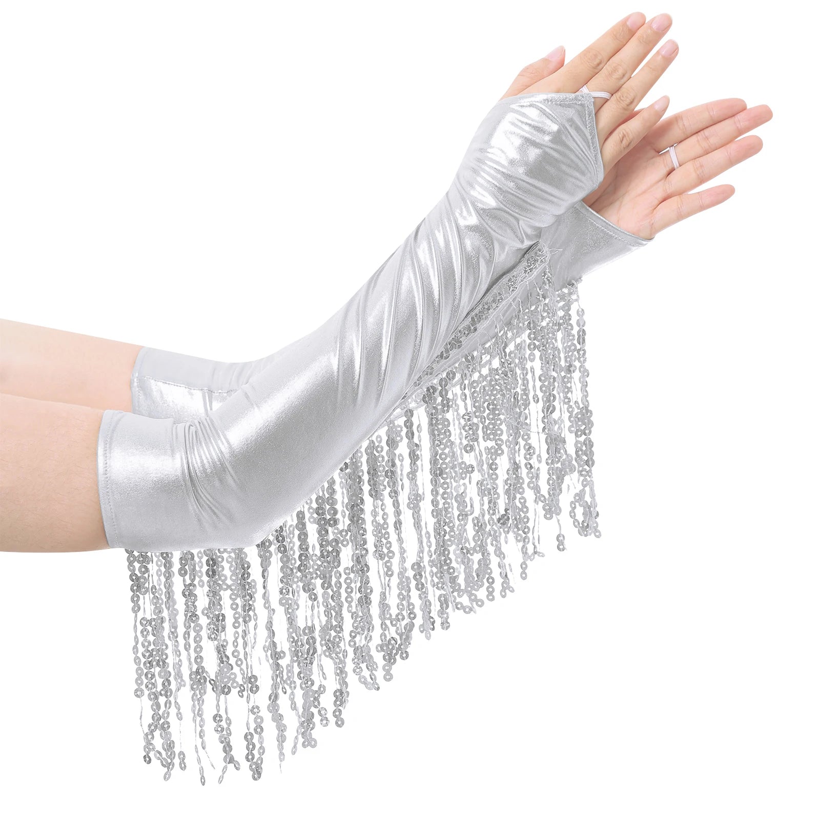 Sequined Fringe Latin Dance & Figure Skating Jumpsuit Leotard Set with Mesh Gloves