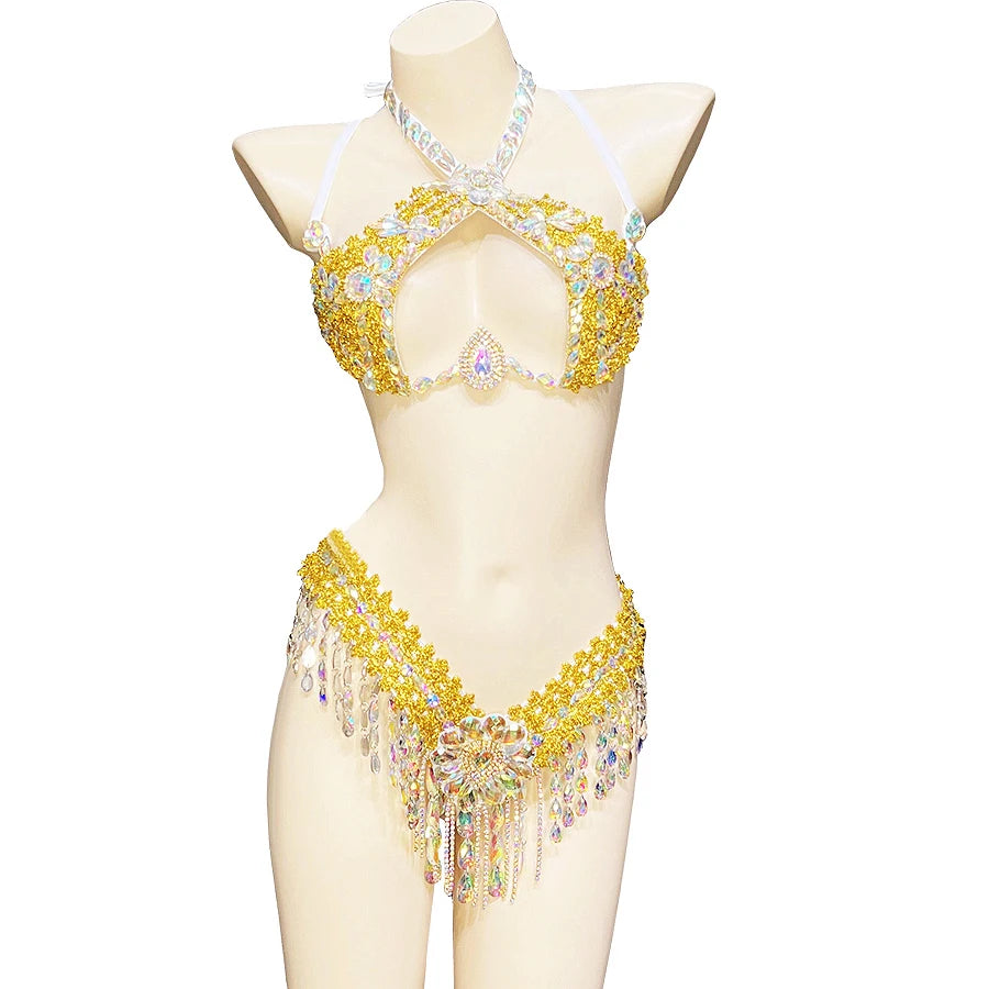 Sparkly Samba Carnival Stone Wire Bra & Thong Two-Piece Stage Costume Set