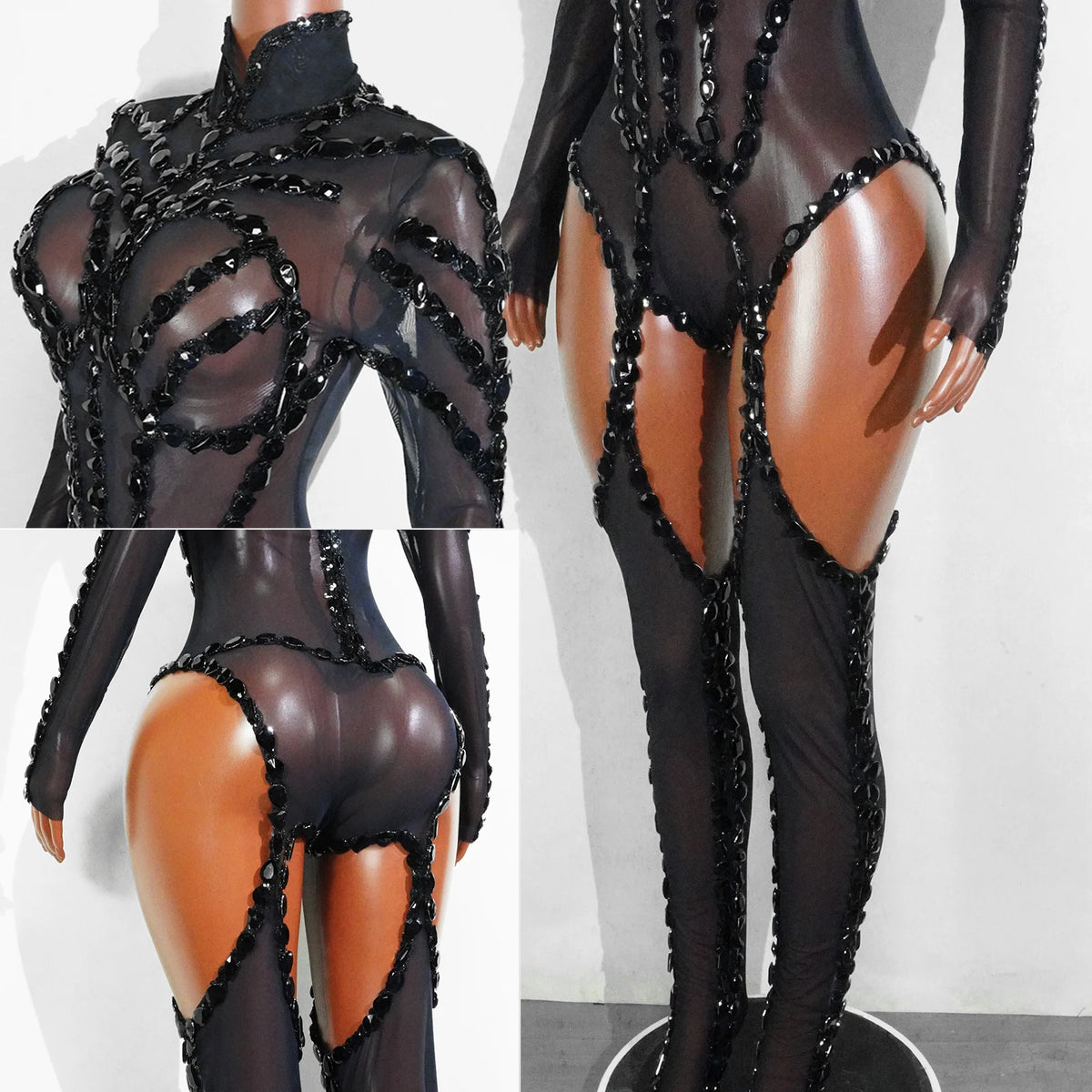 Rhinestone Mesh Jumpsuit Costume Set