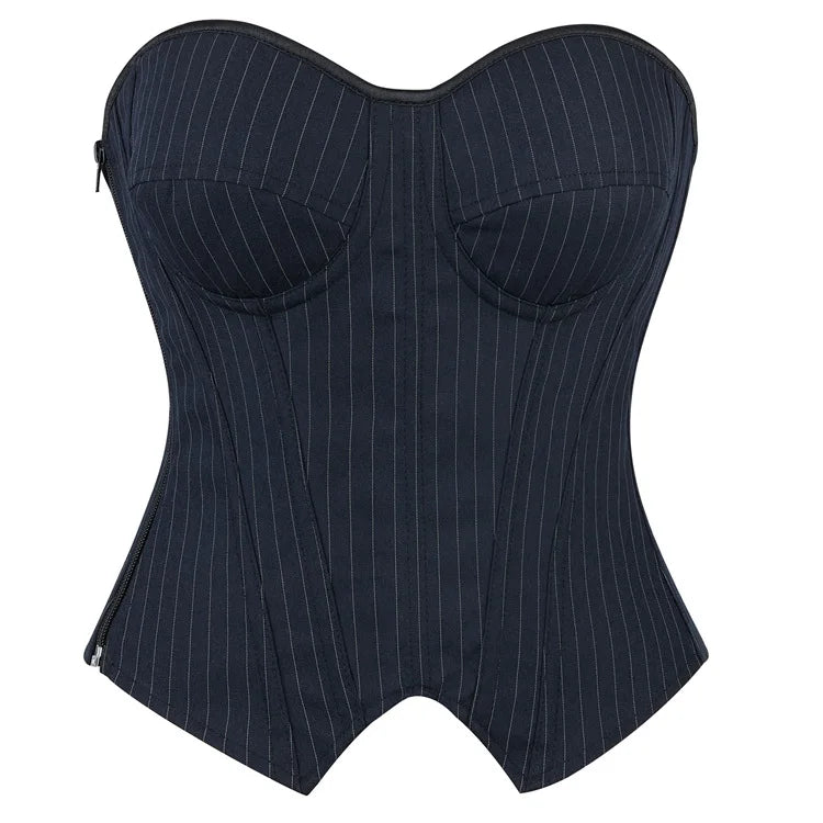 Black Striped Overbust Corset Top Zipper Front Lace-Up Bustier Body Shaper