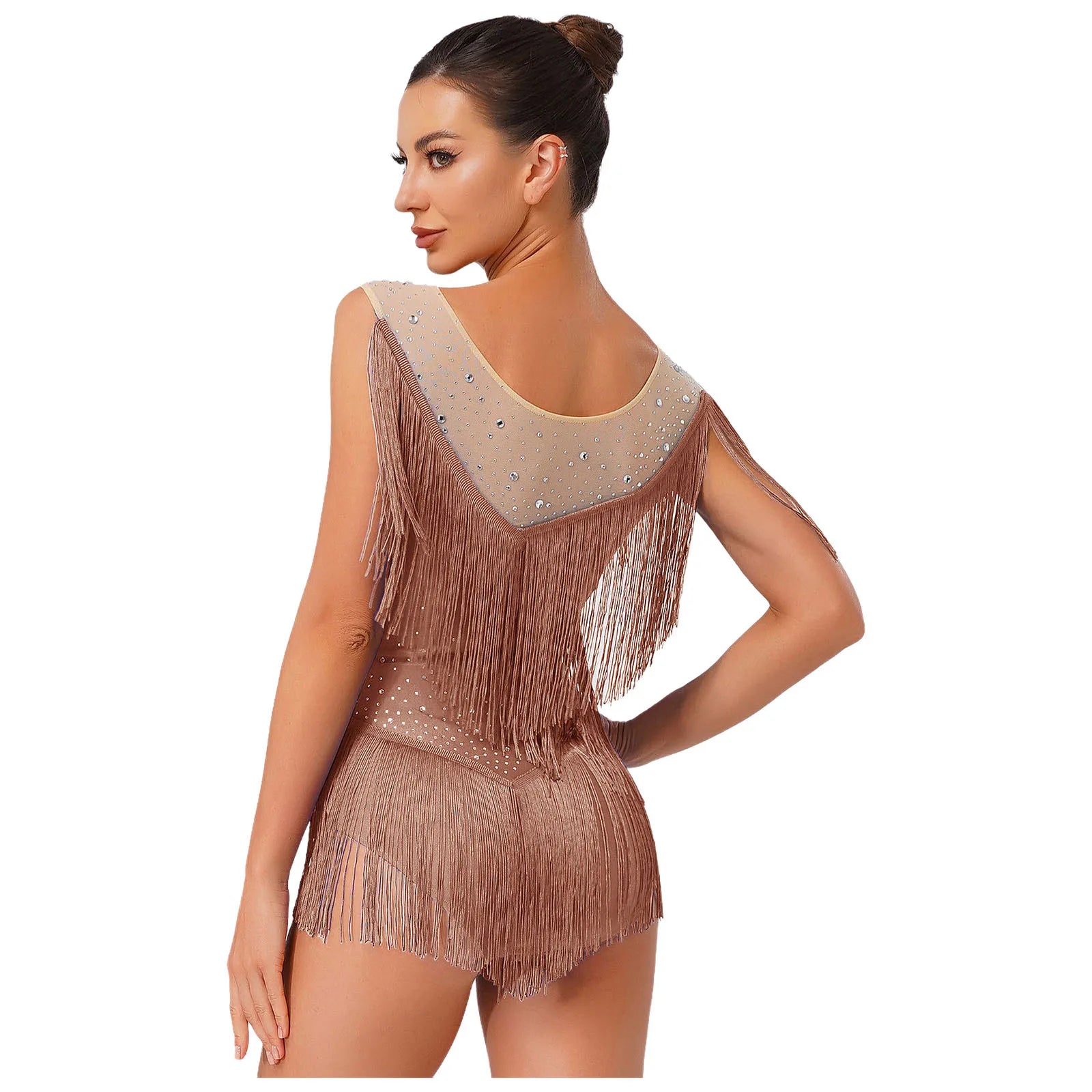 Sparkly Rhinestone & Tassel Fringe Latin Dance Leotard Crew Neck Bodysuit