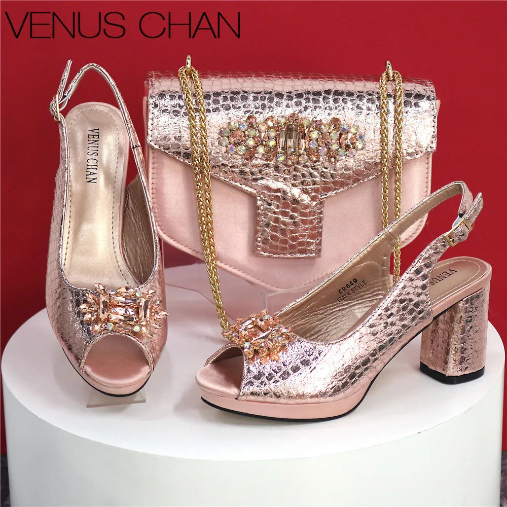 Open Toe Women Heels Shoes And Bag Set