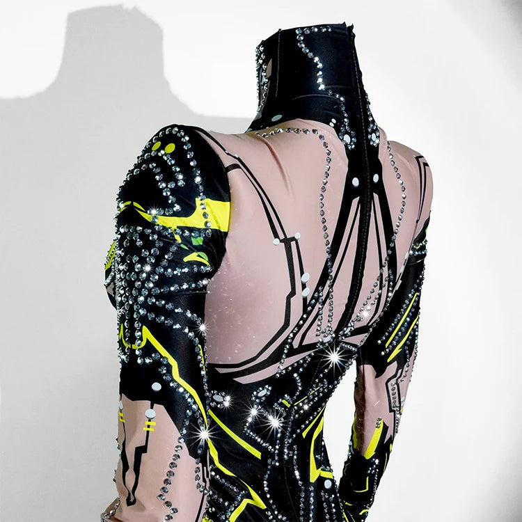 Futuristic Cyber Armor Rhinestone Bodysuit Mock Neck Sleeveless Stage Dance Costume
