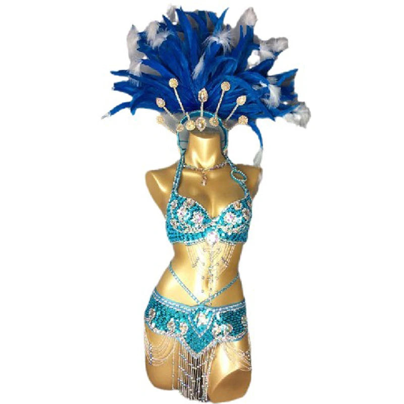 The Stardust Azure Goddess – Handmade Turquoise Feathered Samba & Belly Dance Costume Set