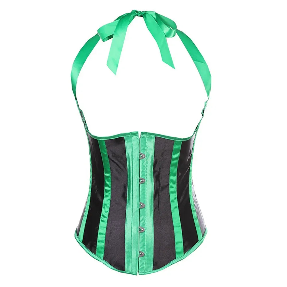 Gothic Striped Satin Halter Underbust Corset Vest 12 Spiral Steel Bones Bustier