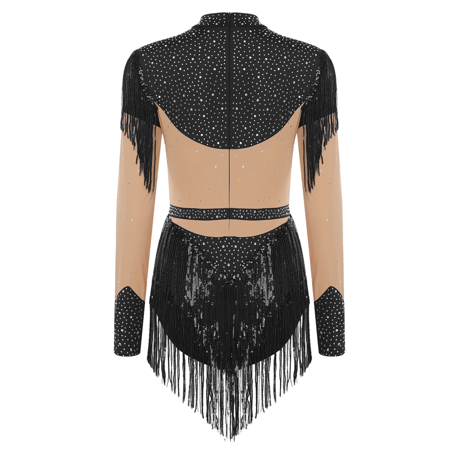 Rhinestone Sequin Tassel Long Sleeve Dance Jumpsuit Bodysuit