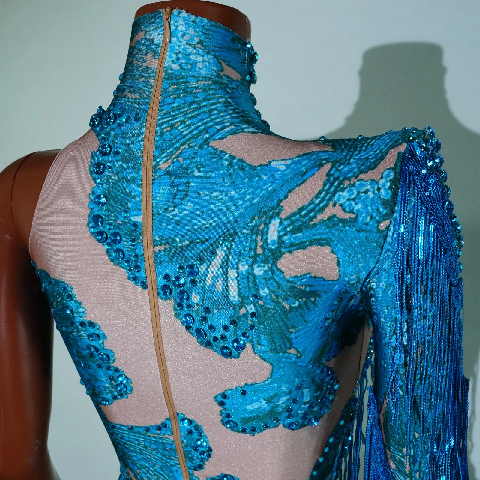 Leopard Sequin Fringe Asymmetrical Bodysuit One-Sleeve Stage Performance Costume