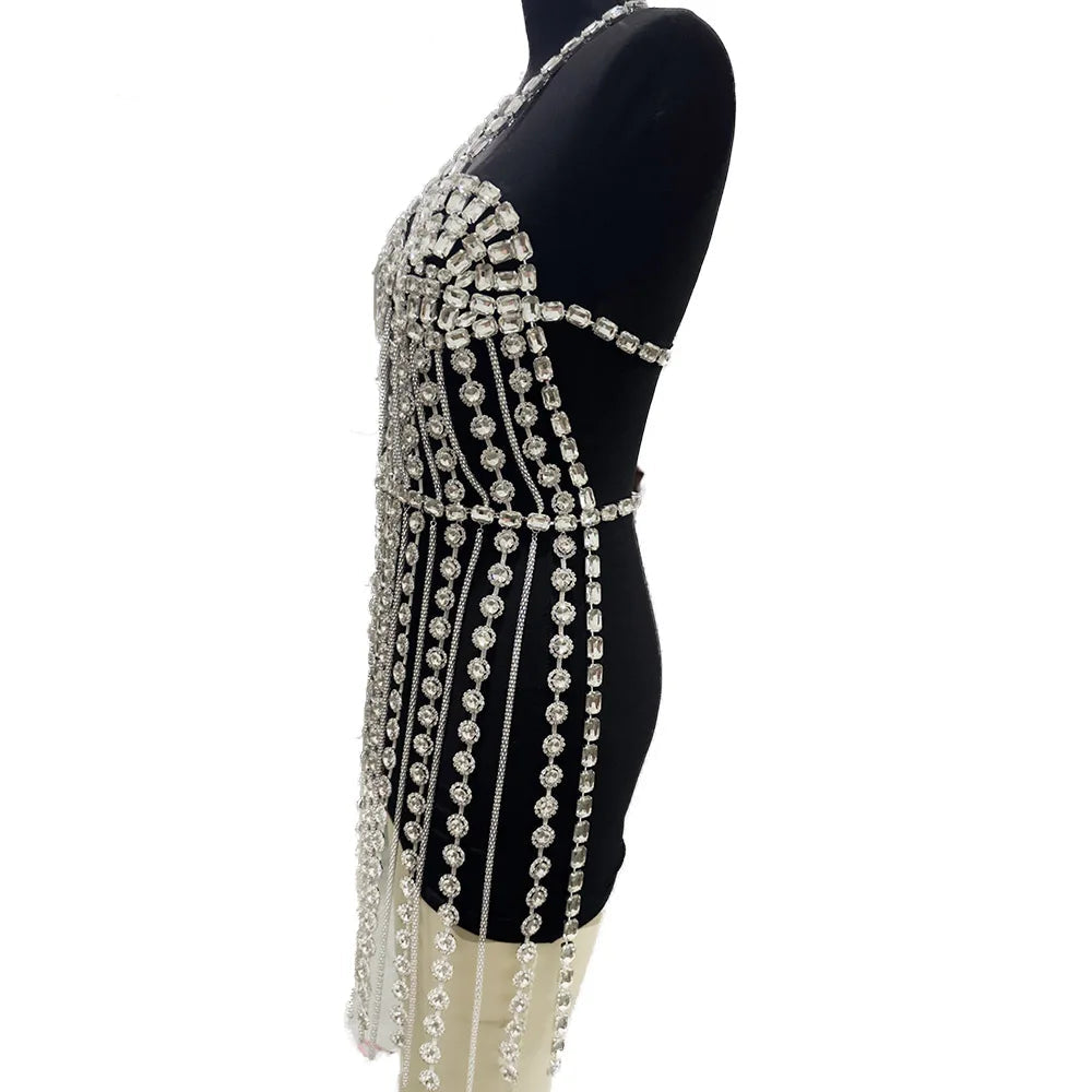 Sparkly Glass Crystal Tassel Body Chain Dress Drag Queen Stage Backless Mini Skirt