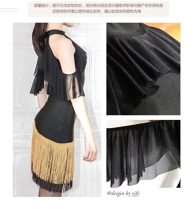 Black High-Neck Short-Sleeve Bodysuit & Gold Fringe Skirt Latin Dance Costume Set