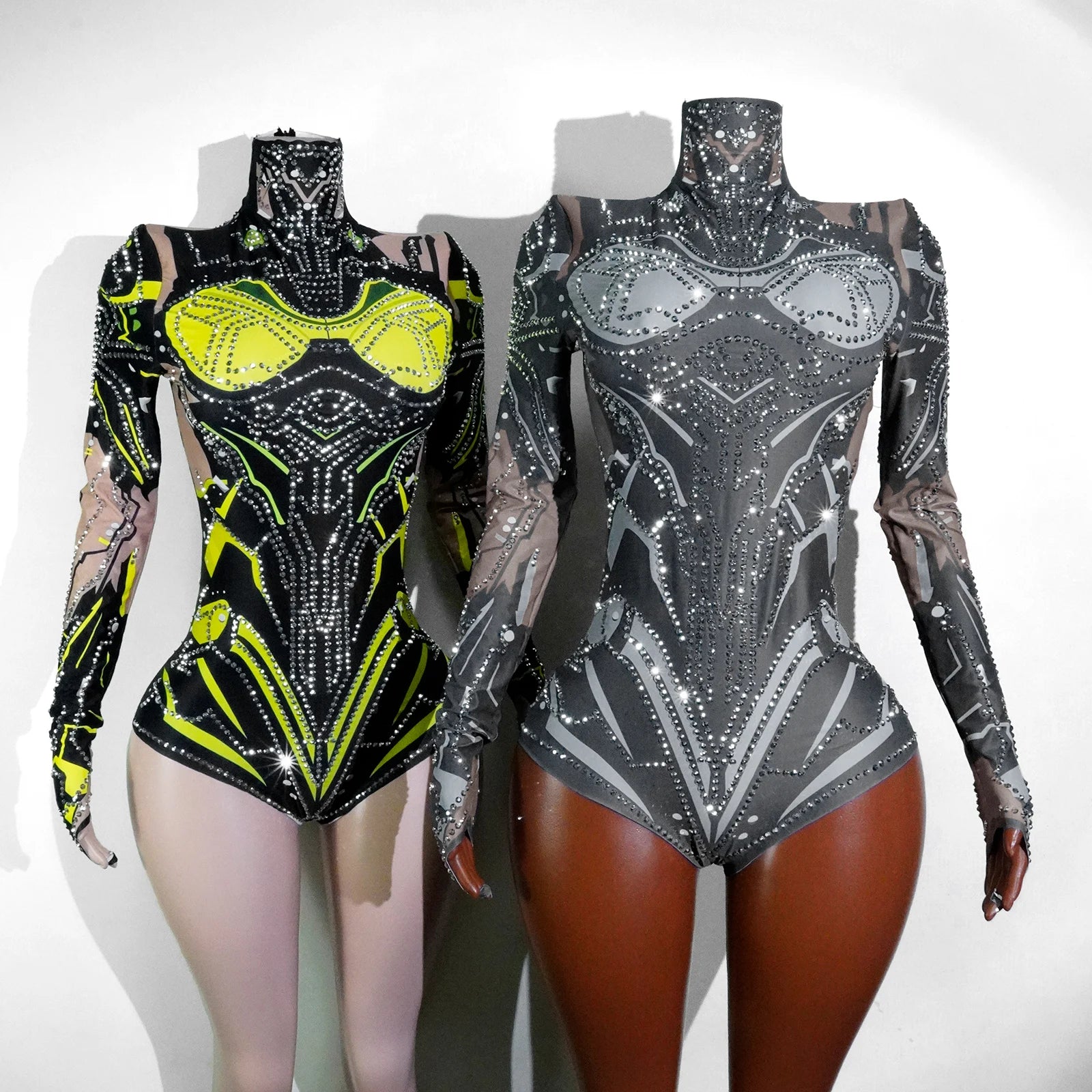 Futuristic Cyber Armor Rhinestone Bodysuit Mock Neck Sleeveless Stage Dance Costume