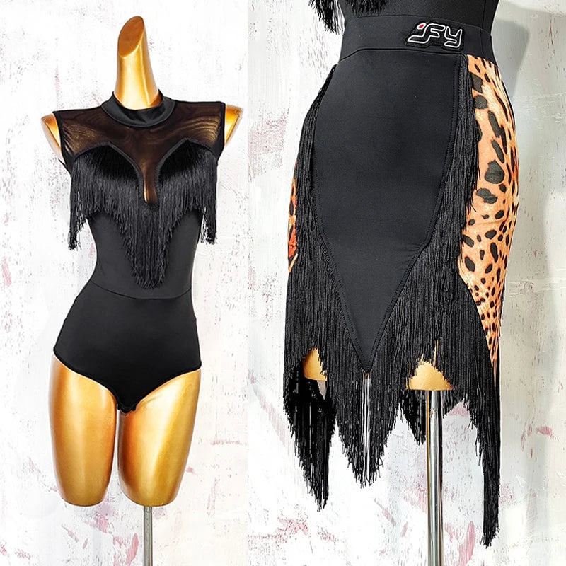 Black Open-Back Leotard & Leopard Print Fringe Skirt Latin Dance Costume Set