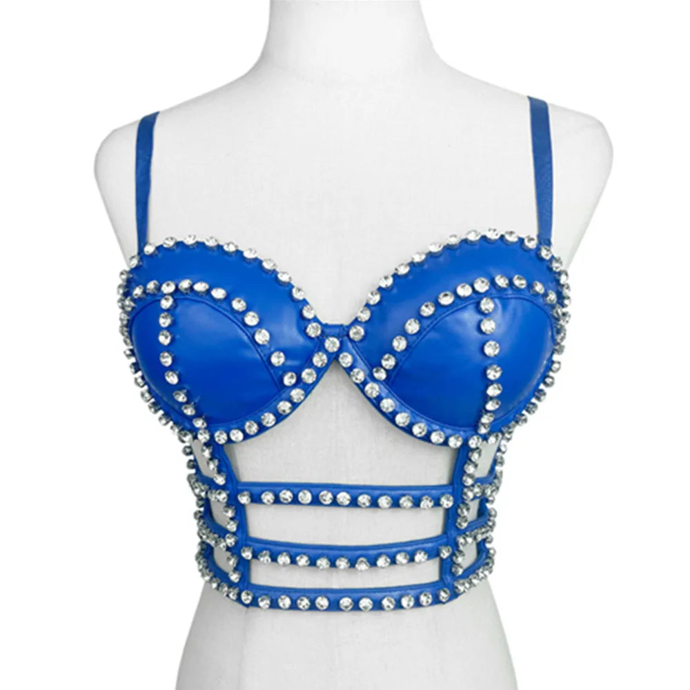 Gothic Studded Faux Leather Bustier Top Cage Strap Party Bralette