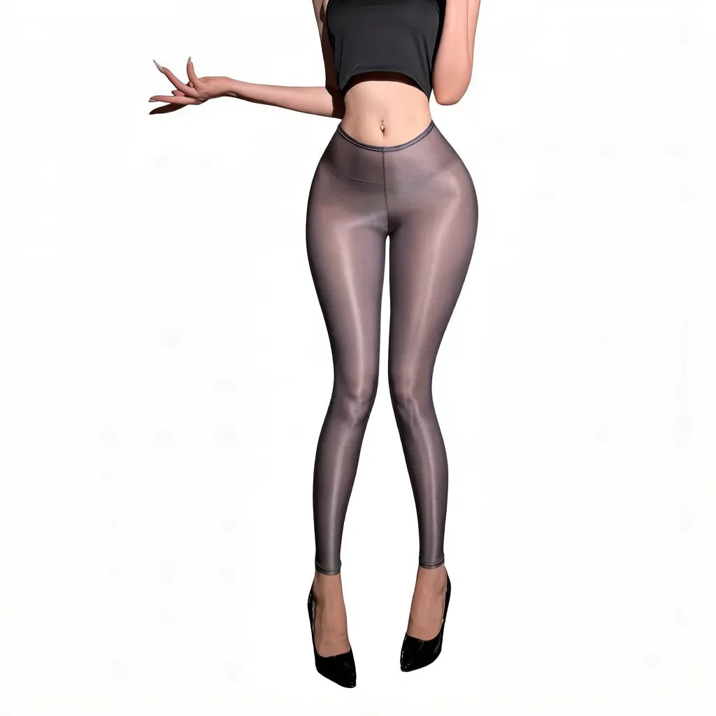 Women Thin Pants Sheer See Through Oil Shiny Leggings Pencil Pants Elastic Smooth Shaping Slim Ninth Pants Maid Tights Plus Size