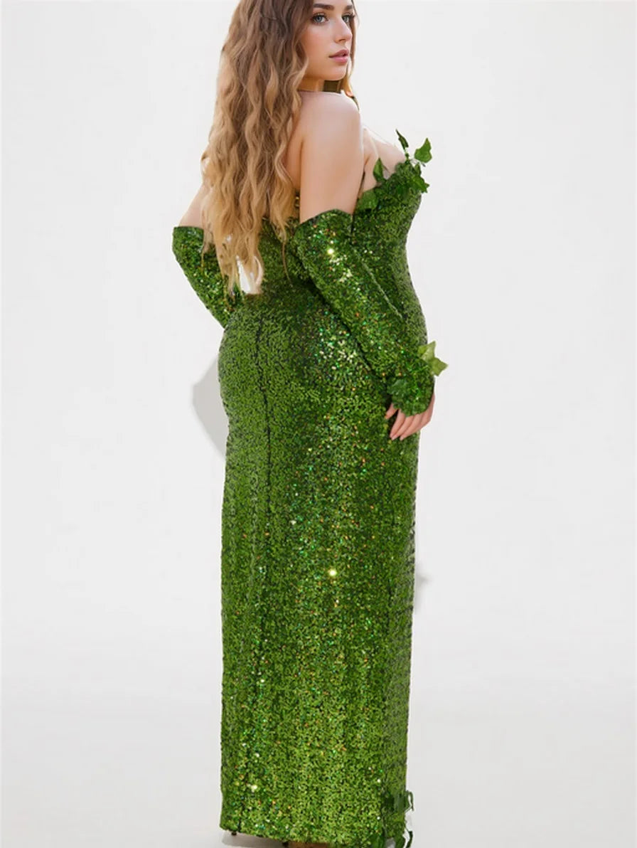 Deluxe Poison Ivy Green Sequin Maxi Gown & Glove Set 3-Piece Halloween Cosplay Costume
