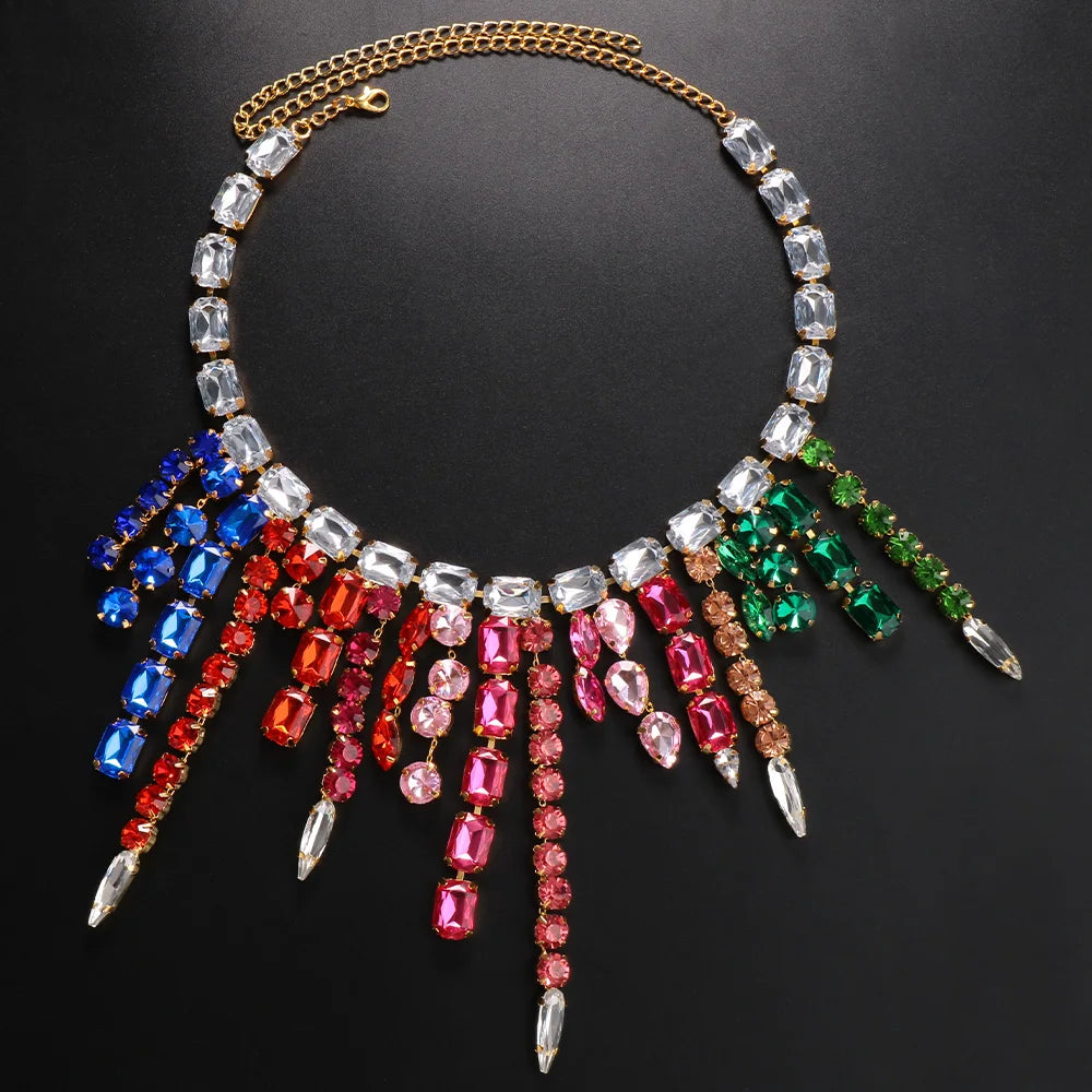 Oversized Colorful Crystal Square Rhinestone Tassel Choker Drag Queen Stage Necklace