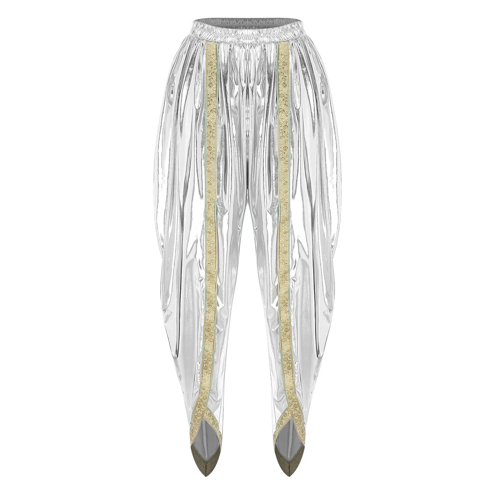 Men's Metallic Shiny Harem Dhoti Pants Gold Brocade Trim Prince Cosplay Costume