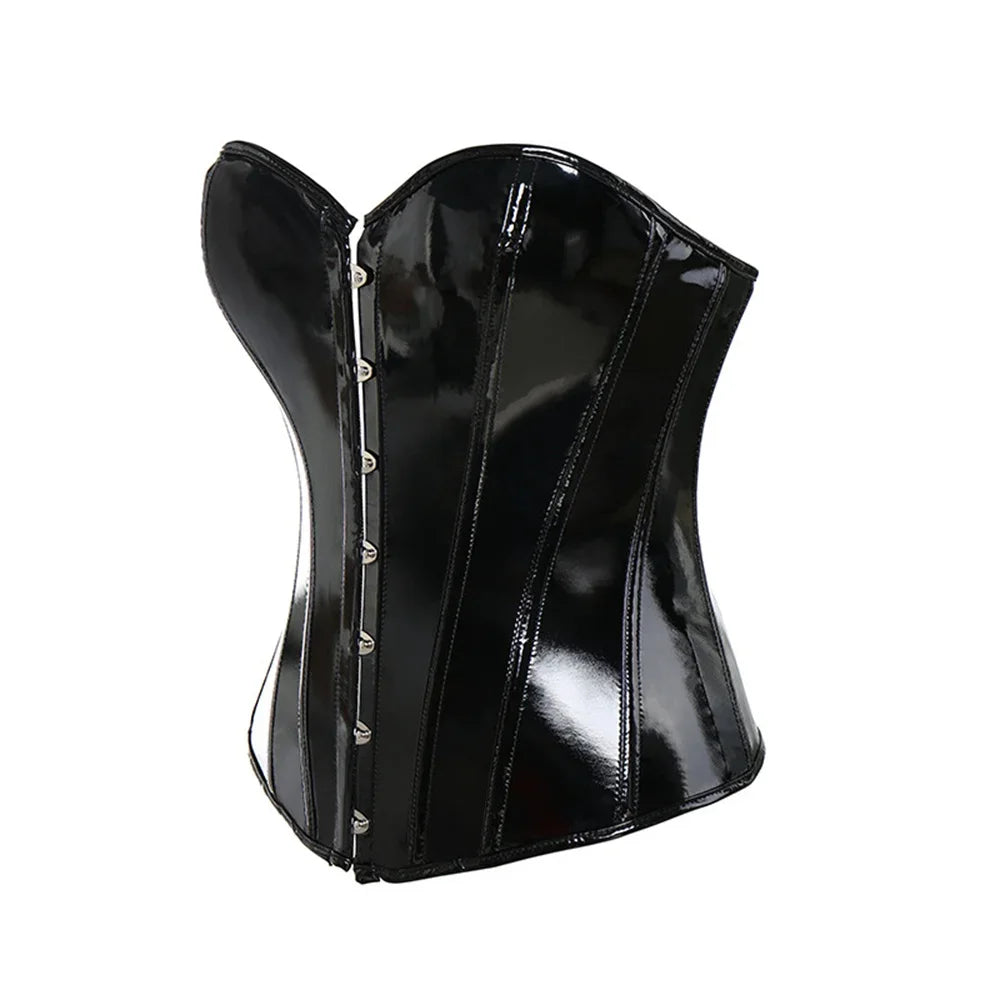 Steampunk PVC Leather Overbust Corset Front Busk Lace-Up Bustier Top