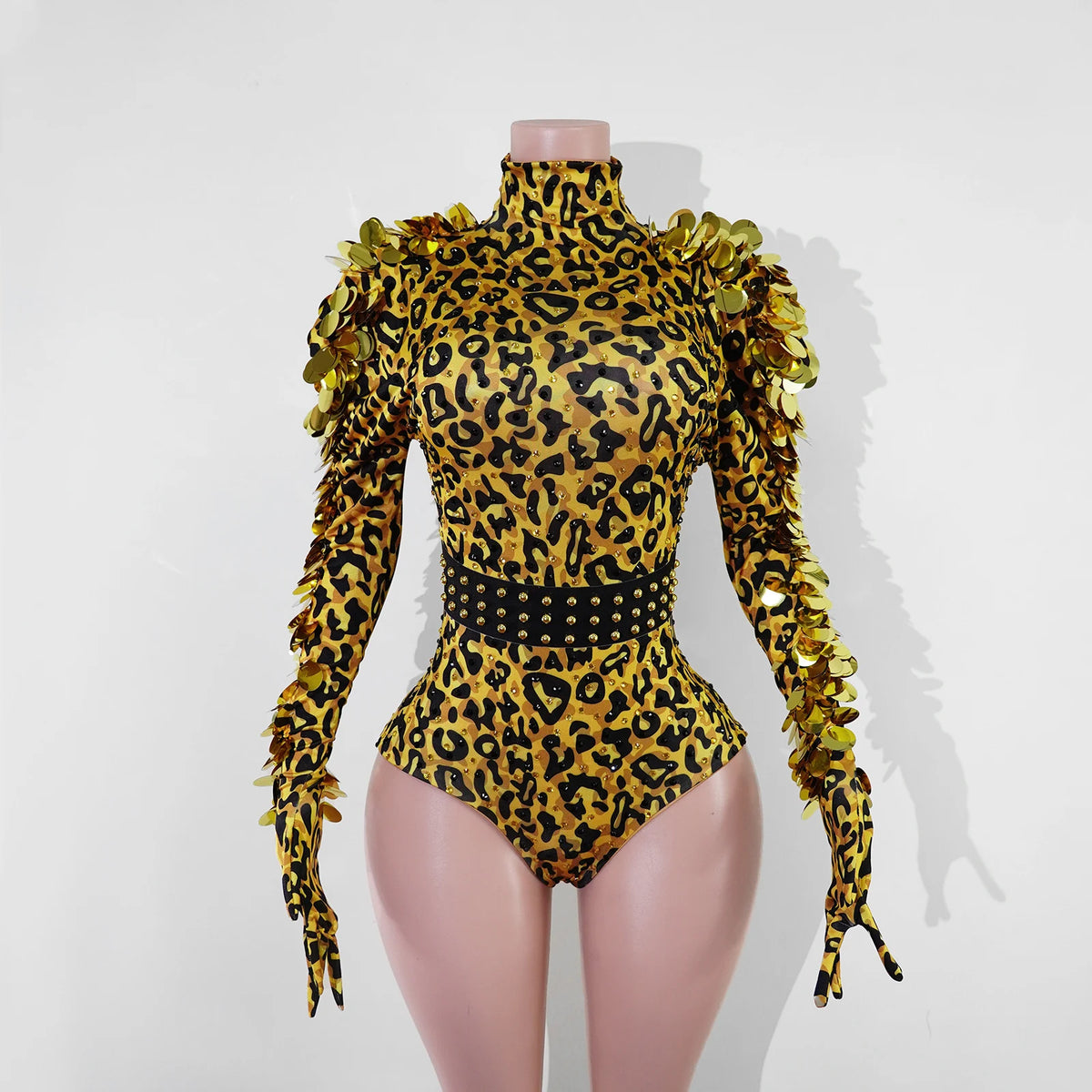 Vintage-Inspired Leopard Print Shiny Rhinestone Sequin Leotard