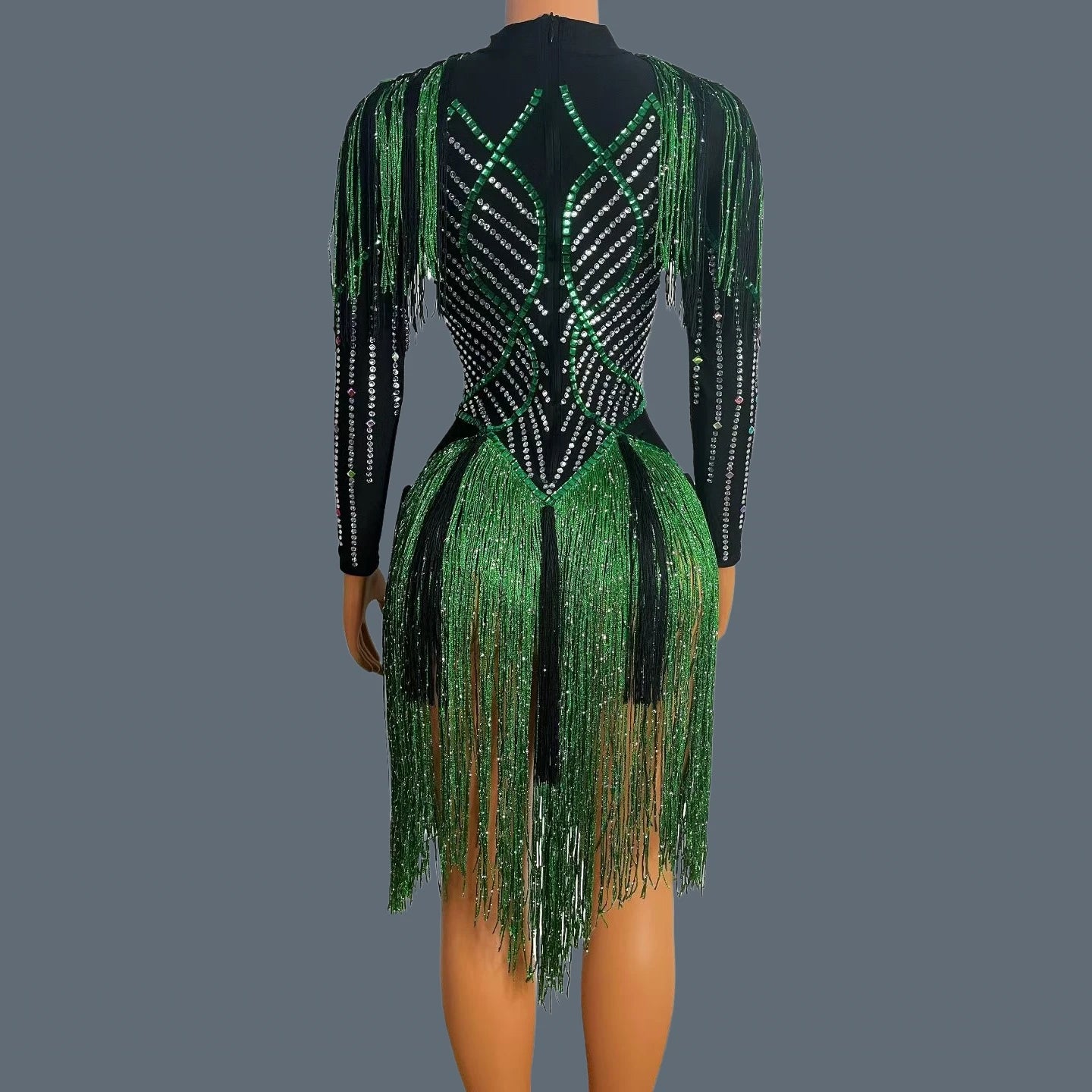 Sparkly Rhinestone Tassel Fringe Dance Performance Mini Dress Stage Bandage Dress