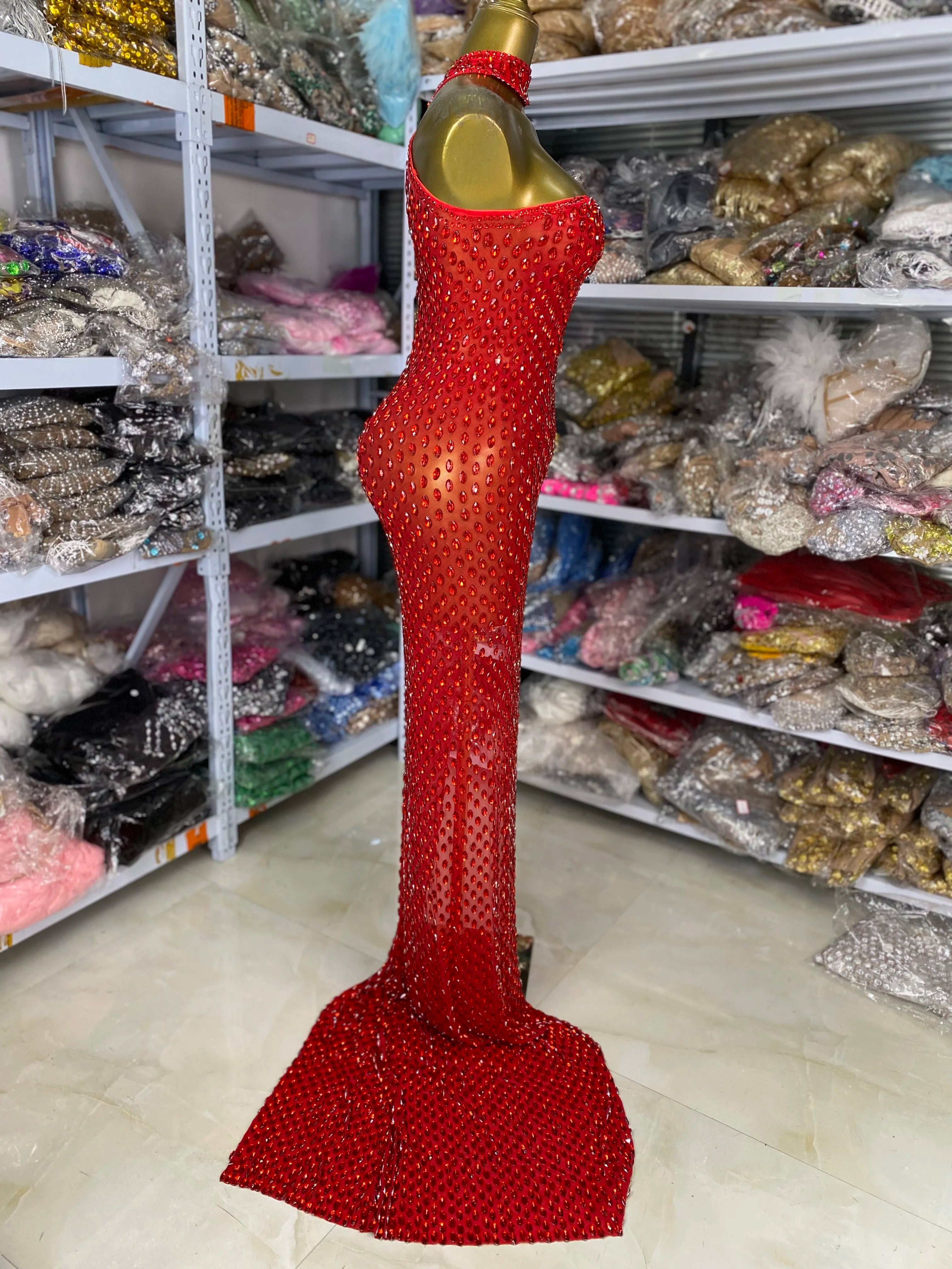 Crimson Red Rhinestone Sweetheart Slit Gown Floor-Length Trailing Evening Dress