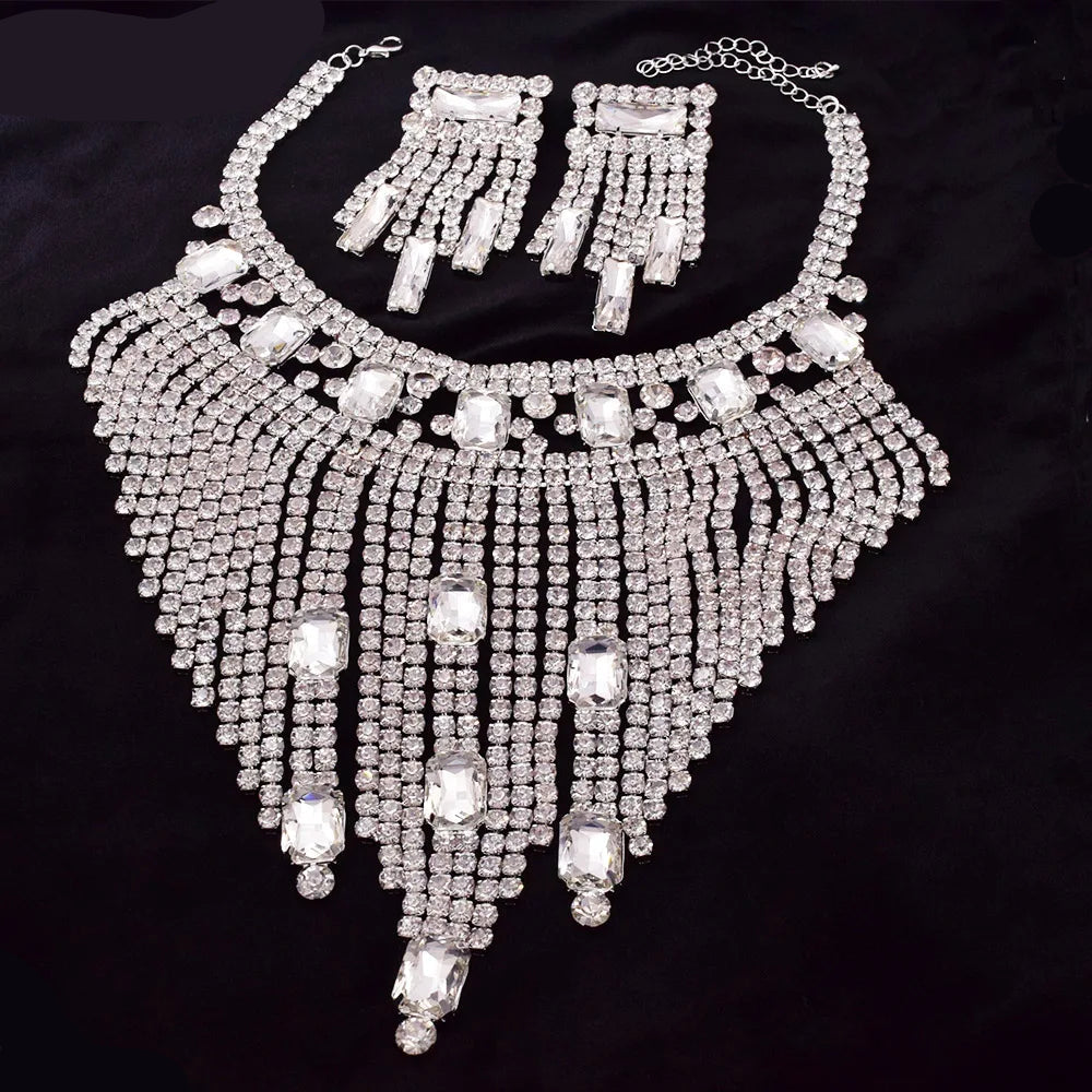 Rhinestone Tassel Earring & Necklace Jewelry Set