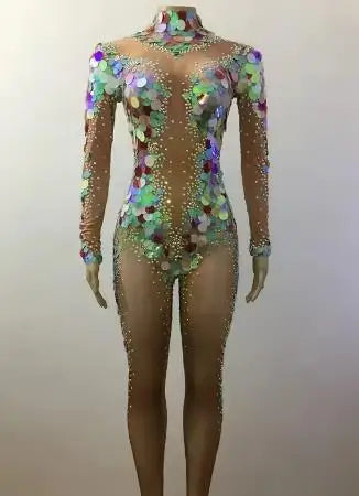 Mermaid Scale Sequin & Crystal Catsuit Illusion Mesh Long-Sleeve Jumpsuit Stage Costume