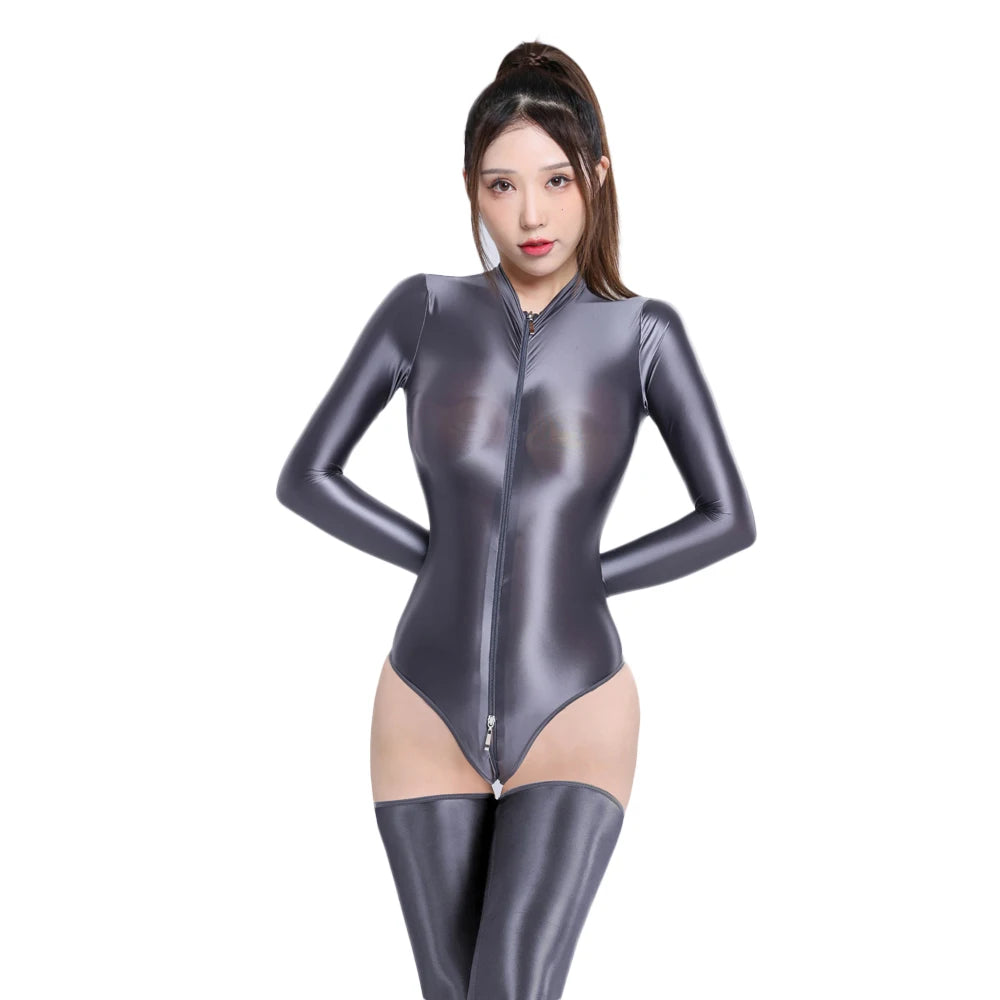 Zipper Open Crotch High Cut Oil Glossy Bodysuit Satin Sheer Maid Leotard