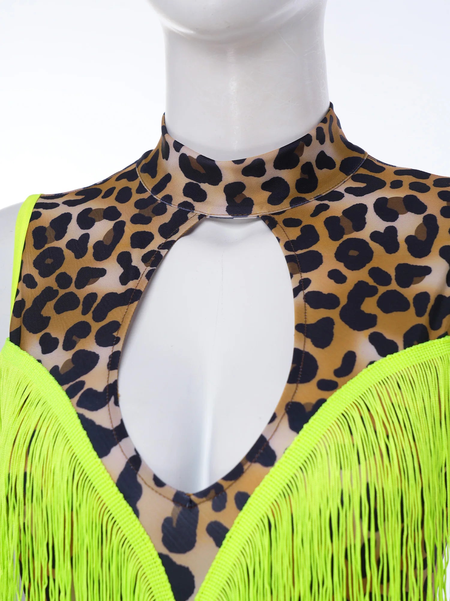 Leopard Cutout Bodysuit & Fringe Sleeves 2-Piece Latin Ballroom Stage Costume Set