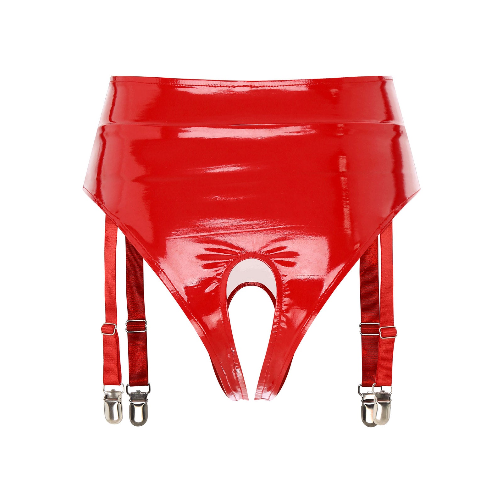 High-Waist Patent Leather Crotchless Thong & Garter Clip Lingerie
